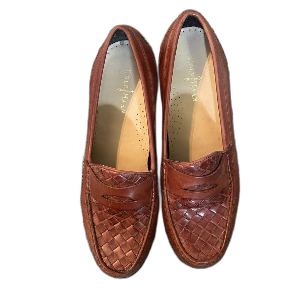 Cole Haan Brown Woven Leather Penny Loafers